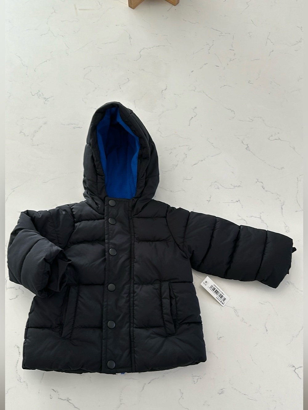 Amazon Essentials Baby Puffer Jacket 12M Black Blue Hooded Winter Coat NWT